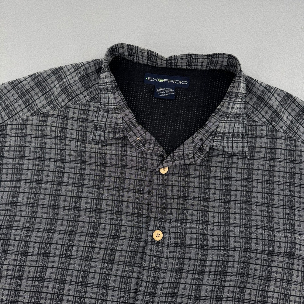 ExOfficio Men XL Performance Vented Quick Dry Gray Short Sleeve Button Up Hiking